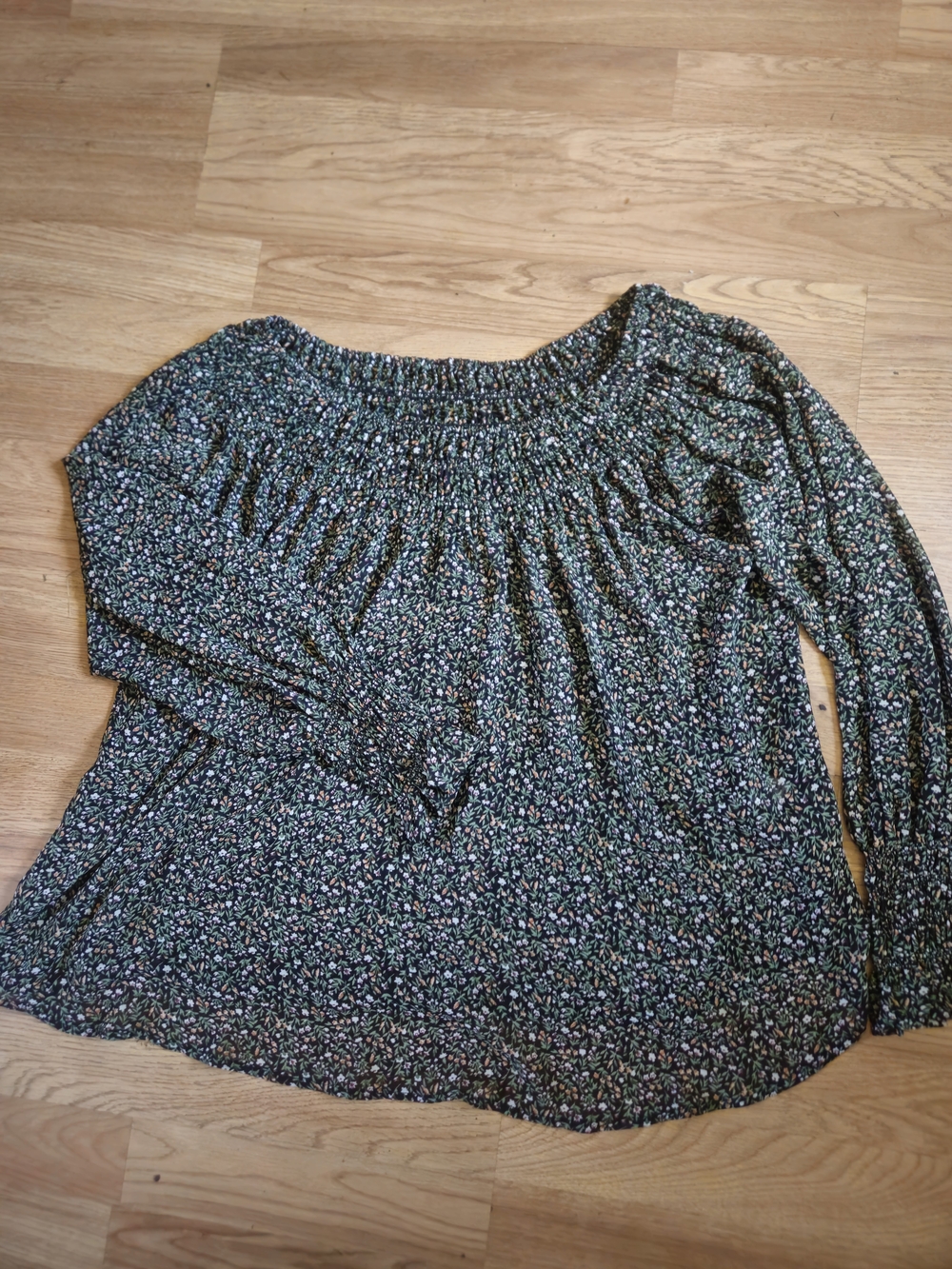 Kori Dark Green Floral Smocked Neck Blouse